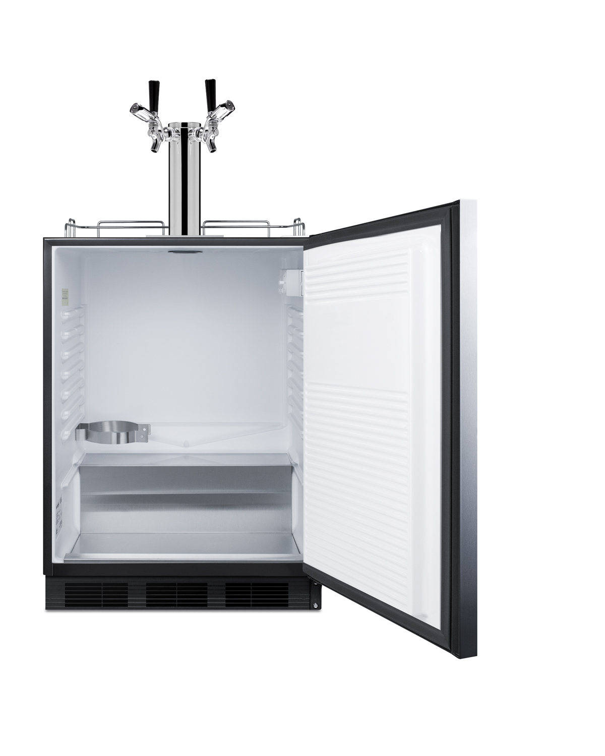 Built-in undercounter ADA height commercially listed dual tap beer dispenser with stainless steel wrapped door, front lock, black cabinet, and two TapLocks